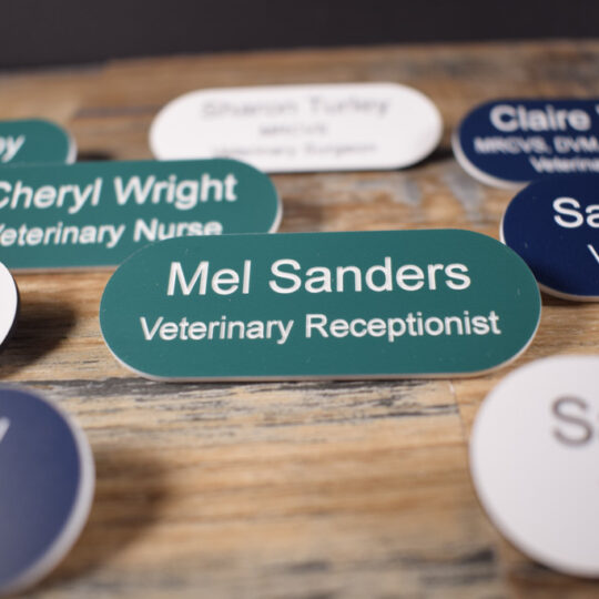 Various colour name badges with white text in the shape of a pill. The badge is on a wooden background, along with a Collar and a lead