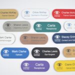 Various colours, pill-shaped name badges have all been engraved. The badges are on a plain white background,