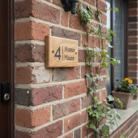 A close-up of a rectangular oak house sign engraved with "4 Manor House" in black lettering, fixed to a textured red-orange brick wall. A vine is growing next to the sign, and a window sill with a potted plant is visible.