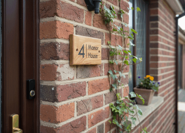 A close-up of a rectangular oak house sign engraved with "4 Manor House" in black lettering, fixed to a textured red-orange brick wall. A vine is growing next to the sign, and a window sill with a potted plant is visible.
