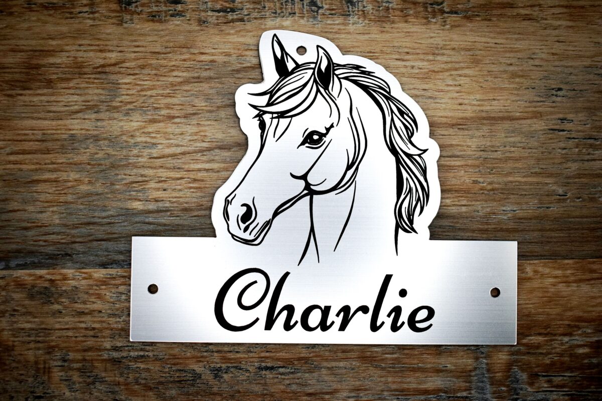 A laser-cut acrylic horse stable name plaque resting on a rustic wooden surface. The plaque is shaped with a custom contoured top featuring a black line-art illustration of a horse's head with a flowing mane. The bottom rectangular section features the personalised name "Charlie" engraved in an elegant black script font, with 3 pre-drilled mounting holes on the top and sides.