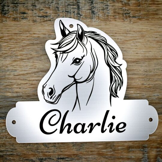 A laser-cut acrylic horse stable name plaque resting on a rustic wooden surface. The plaque is shaped with a custom contoured top featuring a black line-art illustration of a horse's head with a flowing mane. The bottom rectangular section features the personalised name "Charlie" engraved in an elegant black script font, with 3 pre-drilled mounting holes on the top and sides.