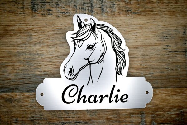A laser-cut acrylic horse stable name plaque resting on a rustic wooden surface. The plaque is shaped with a custom contoured top featuring a black line-art illustration of a horse's head with a flowing mane. The bottom rectangular section features the personalised name "Charlie" engraved in an elegant black script font, with 3 pre-drilled mounting holes on the top and sides.