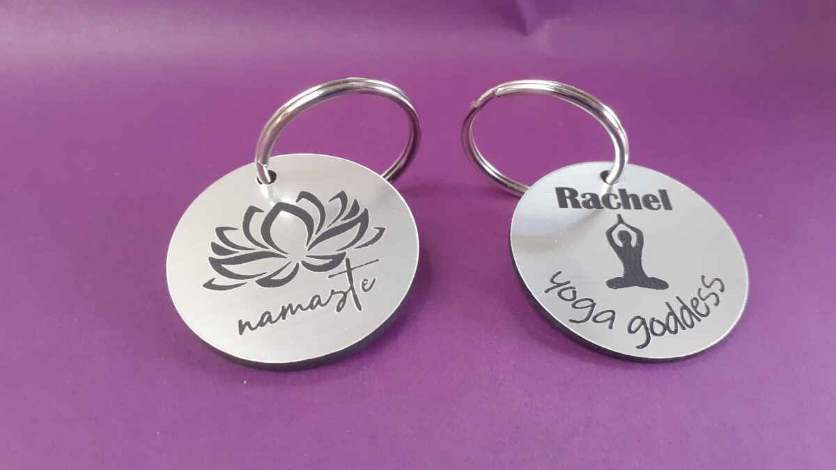 Personalised yoga poses acrylic keyring custom engraved with Namaste text and split ring attachment