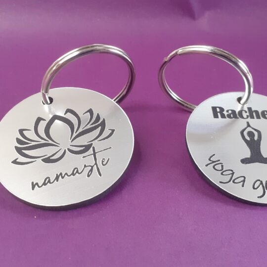 Personalised yoga poses acrylic keyring custom engraved with Namaste text and split ring attachment