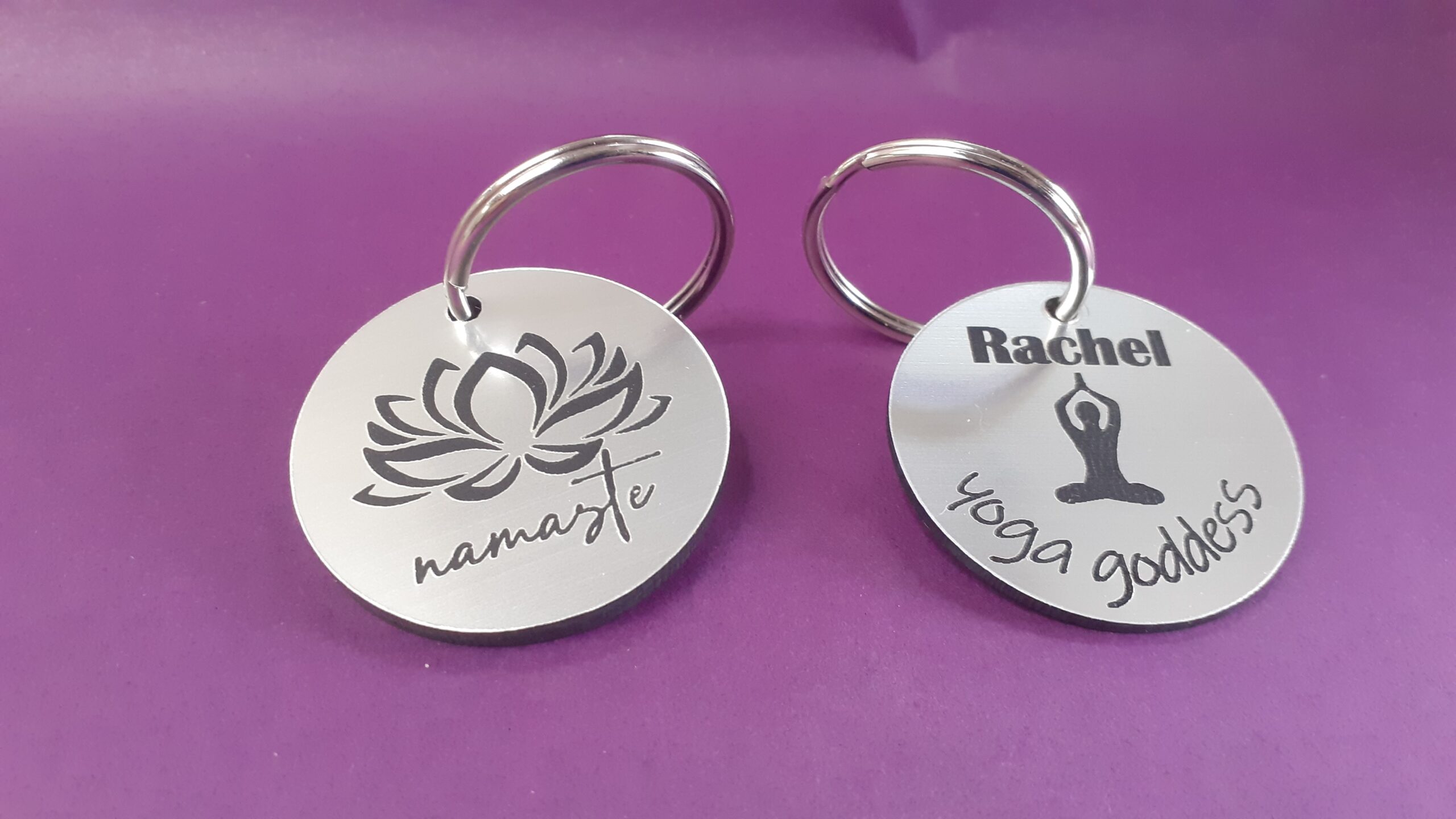 Personalised yoga poses acrylic keyring custom engraved with Namaste text and split ring attachment